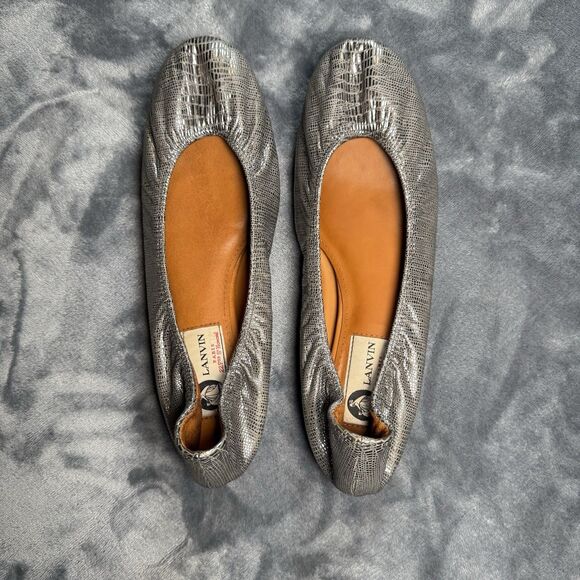 Lanvin Women's Leather Ballet Flats Silver Reptile Embossed Size 39 - Picture 1 of 10